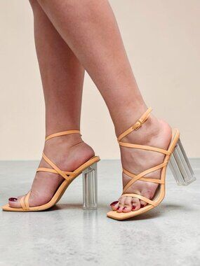 Peach Strappy Heeled Sandals With Clear Block Heel - Womens Trendy Open-Toe Desi